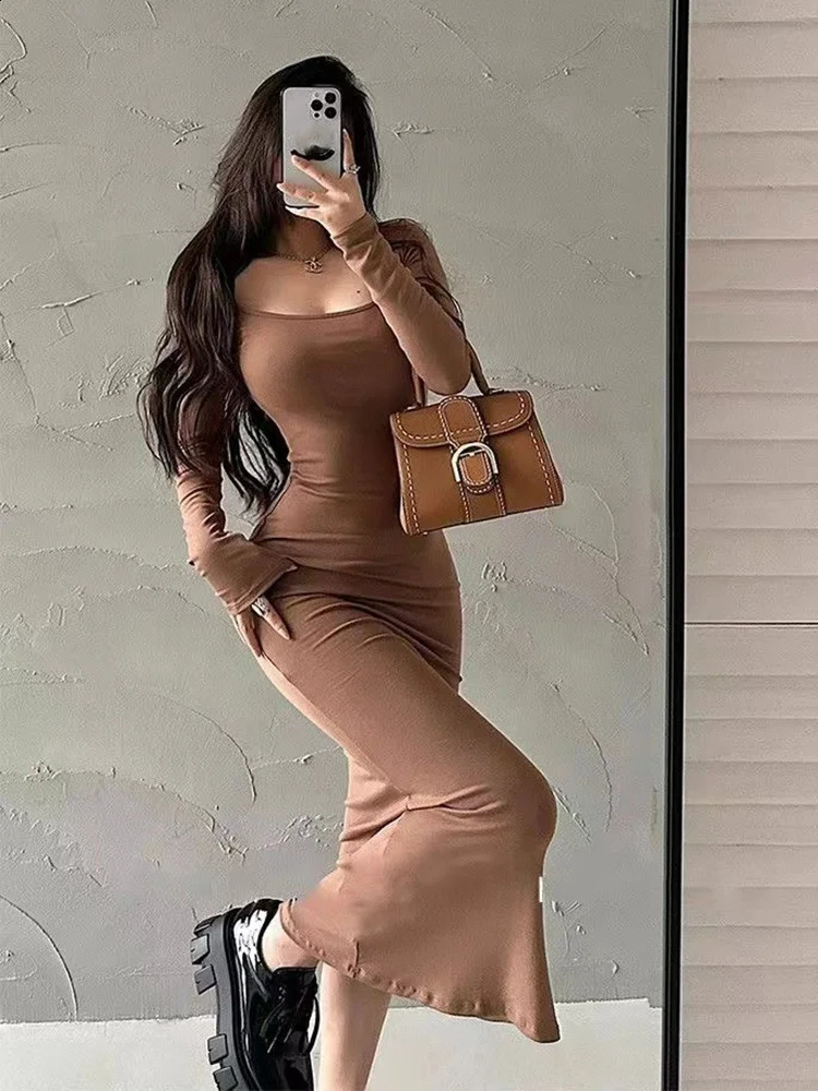 Ribbed Solid Long Sleeve Square Neck Skinny Mid Length Dress Black Fall Sexy Evening Party Elegant Vestido Ladies Long Dresses 240823