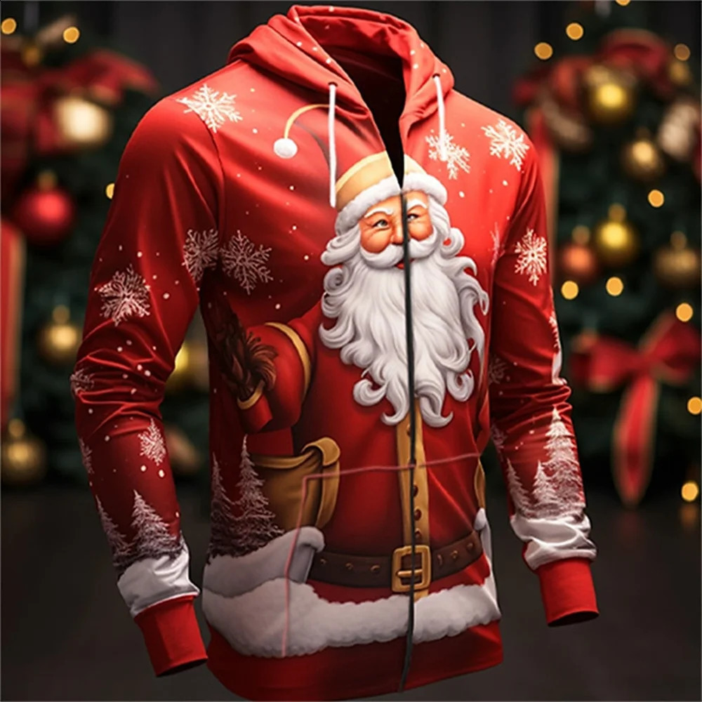 3d Christmas Festival Mens Zipper Hoodies Fashion Santa Claus Clothes For Men Clothing Oversized Tops Long Sleeve Sweatshirt 240823