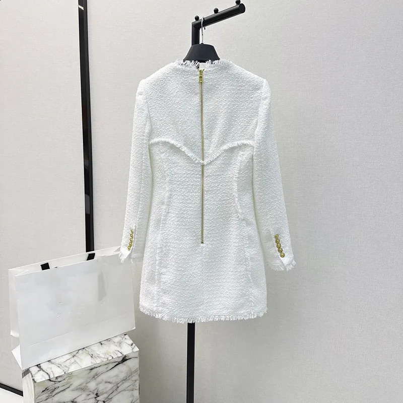 y2k Spring/Summer Tweed Whiskers Edge Long Sleeve Gold Button V Neck Womens dresseskorean fashion Slim Hip dresses for prom 240824