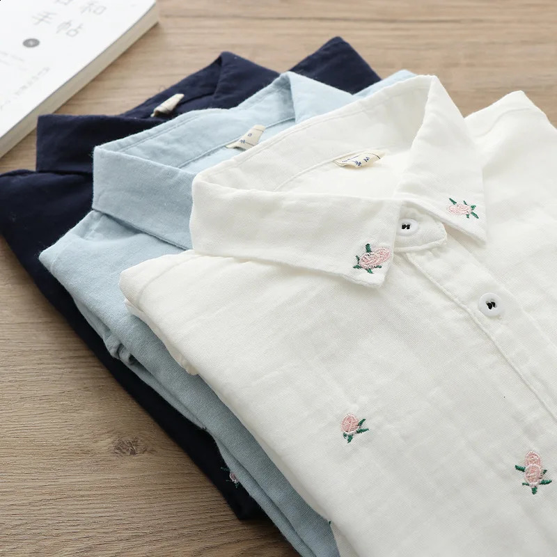 Spring Autumn Fresh Cotton Yarn Ladies Long Sleeve Shirt Flower Embroidered Womens Casual Shirt Female Blouse Clothes 240823