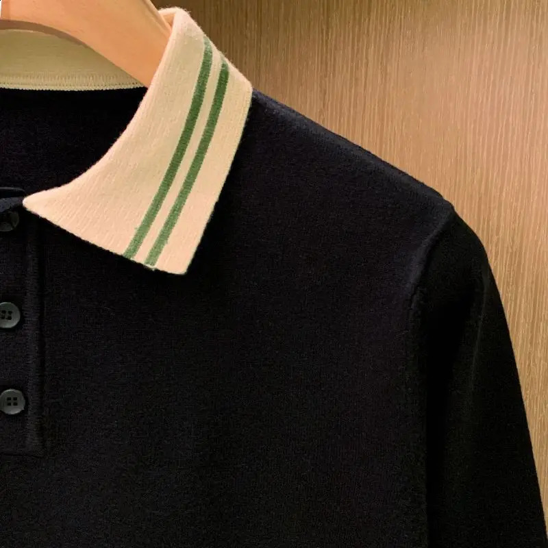 Korean Fashion Men Polo Shirts Long Sleeve Knitted Turn-down Collar T-shirts Patchwork Slim Casual Tops 240824