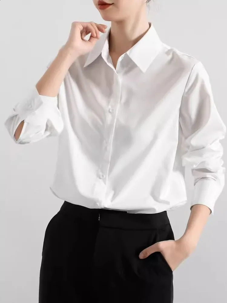 Oversize Shirt Women Blouses Elegant Streetwear Office Cotton 100% Loose Button Up Casual White Blue Long Sleeve Vintage Tops 240823