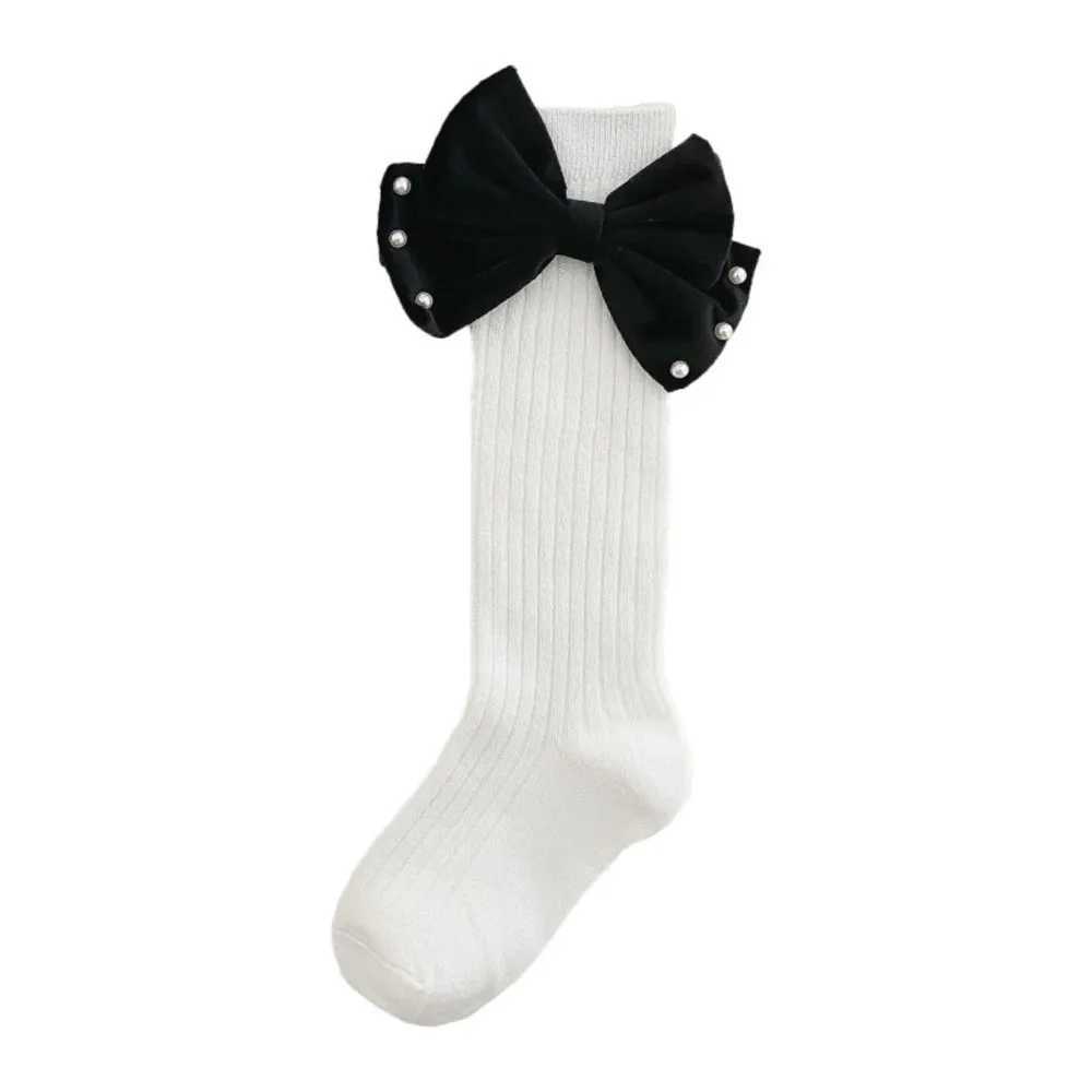 Girls socks pearl big bowknot sweet princess calf sock kids baby combed cotton sokken toddler infant knee high stocking CL240824