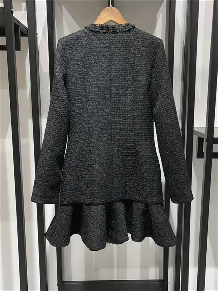 Women Tweed Mini Dress Ladies Long Sleeve Double-breasted Dresses Female Ruffles Trim Clothes 240824
