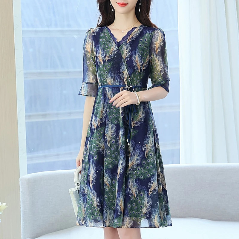 Women Clothing Summer Fashion Print Lace Patchwork with Belt Elegant Dresses V Neck Half Sleeve High Waist Slim Midi Dress 240824