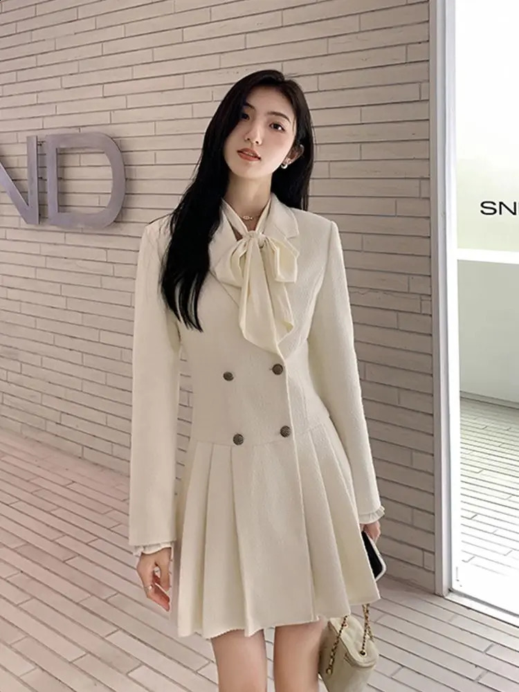 GkyocQ Spring Women Dress Elegant Turn Down Collar Long Sleeve Double Breasted High Waist A Line Pleated Mini Dress 240824