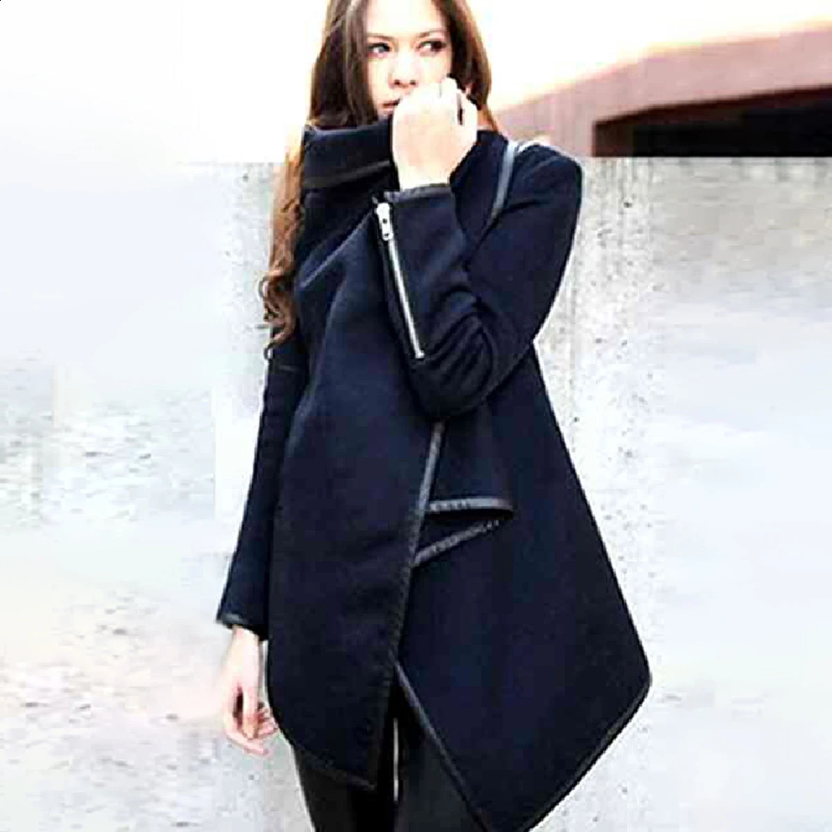 BJTZ Womens Asymmetric Solid Color Split High Neck Jacket Long Sleeve Casual 240823