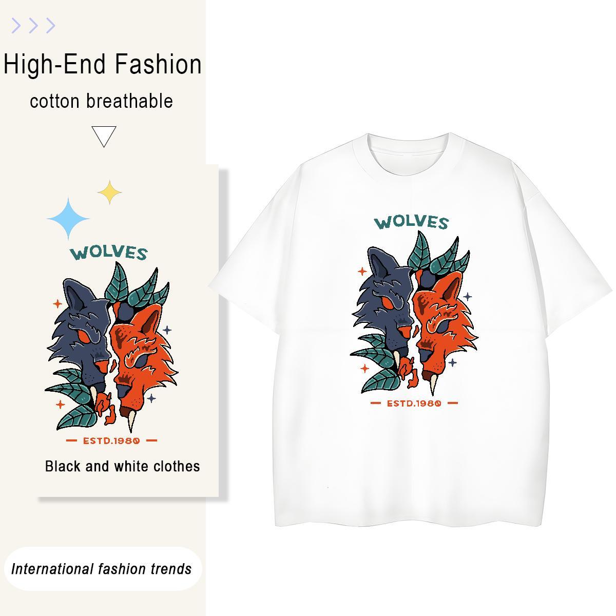 2024 Summer Men Tshirts wolf Spring Summer 100% Cotton 230g Clothings Crew Neck Breathable Loose Fit T shirt Plus Size Cartoon
