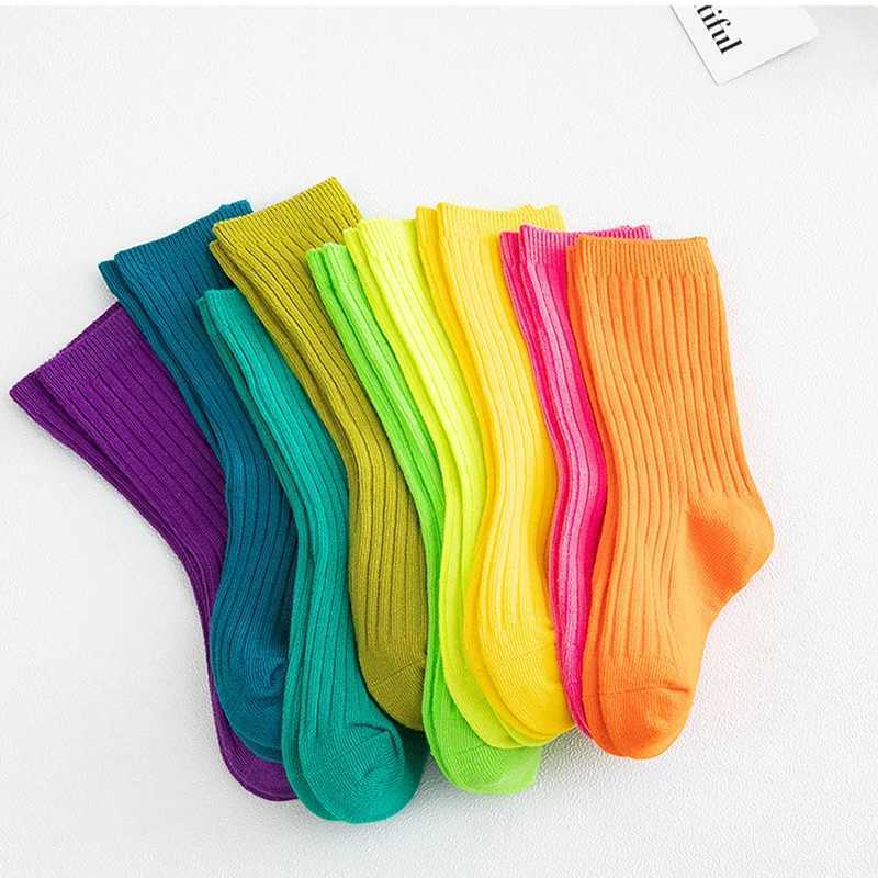 3Pairs/Lot 2024 Spring Summer Childrens Candy Color Socks Korean Japanese Style Kids Boys Girls Double Needle Mid-Tube Socks CL240824