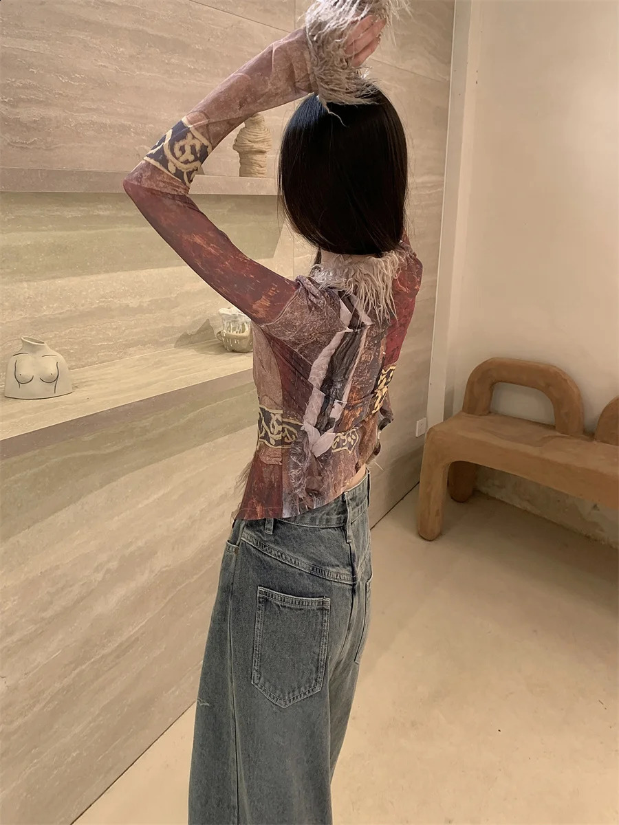 CHEERART Spring Fur Collar Open Fleece Jacket Womens Mesh Ethnic Vneck See Through ner Fashion 240824