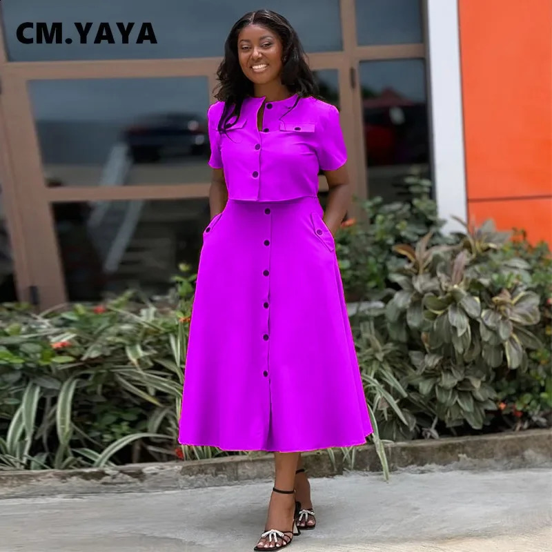 CM.YAYA Women Set Street Short Sleeve O-Neck Button Tops midi Skirts Suits Two 2 Piece Sets Summer OL Fitness Tracksuits 240823