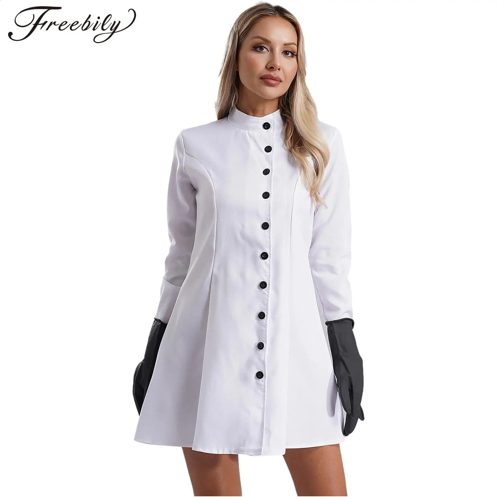 Female Halloween Doctor Nurse Crazy Scientist Role Playing Costume Long Sleeve White Laboratory Coat Theme Party Makeup w240824