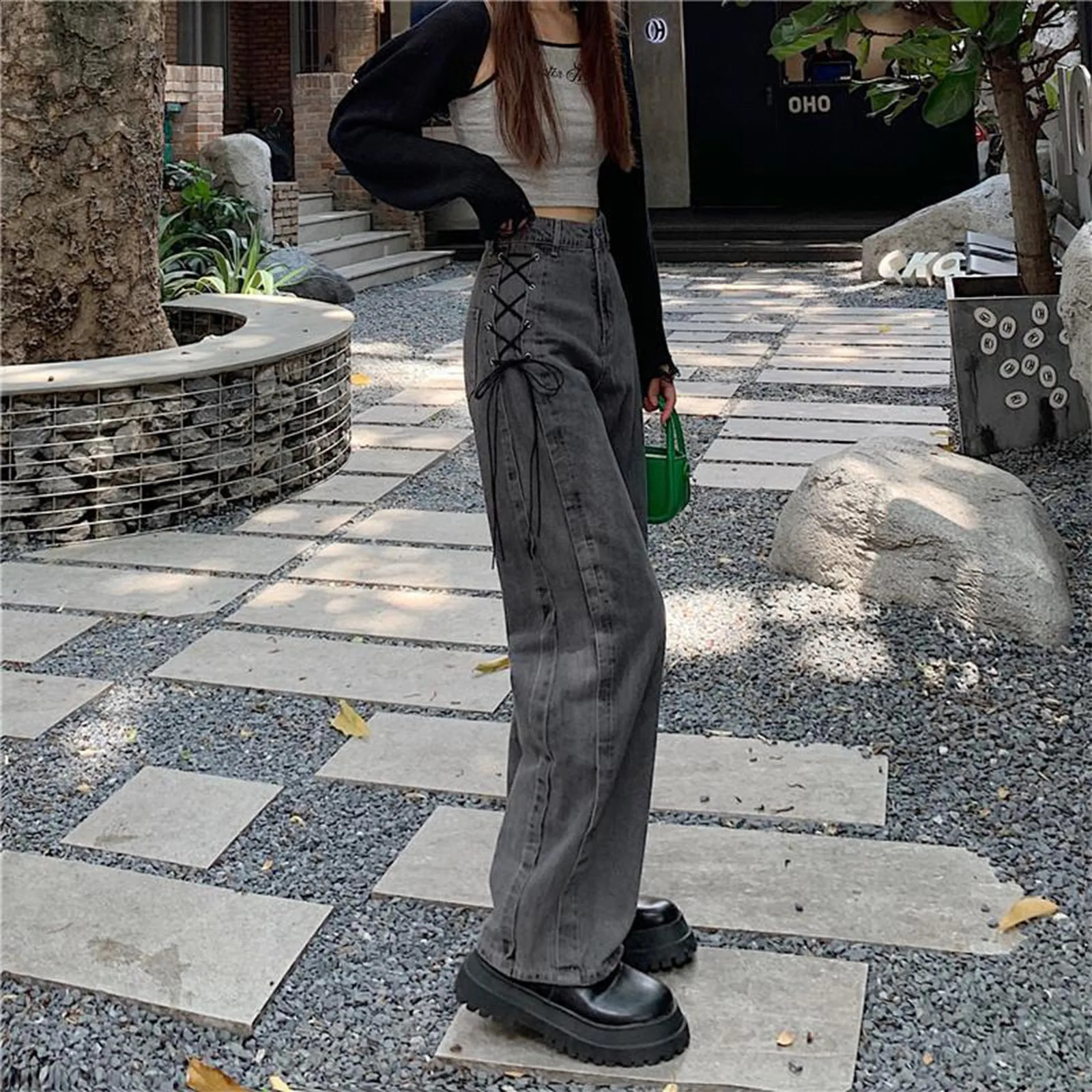 High Street Hip hop handsome retro cashew patch loose casual late wash denim pants womens trend 240823