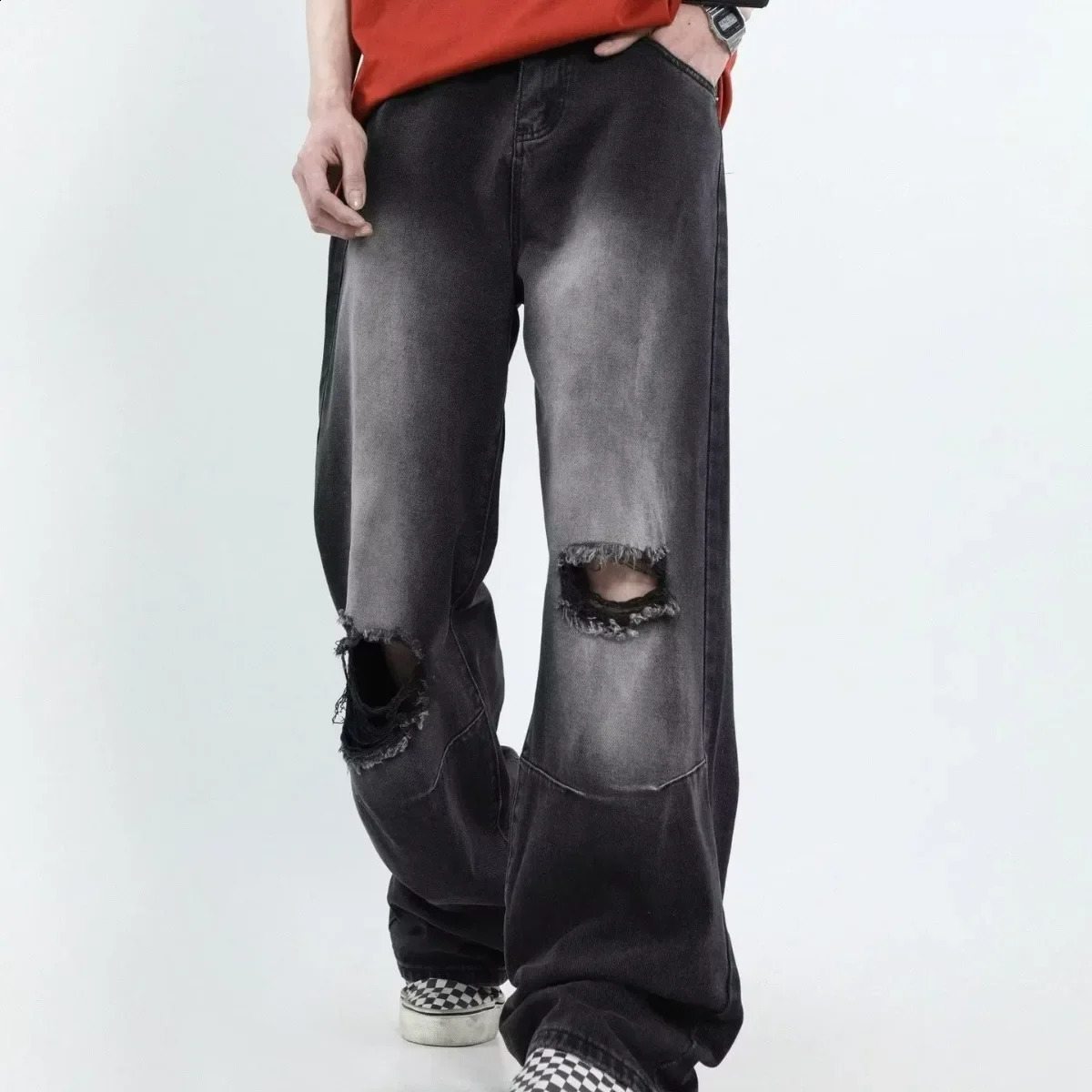 American style retro straight leg jeans Distressed Washing casual loose mens street fashion jeans 240823