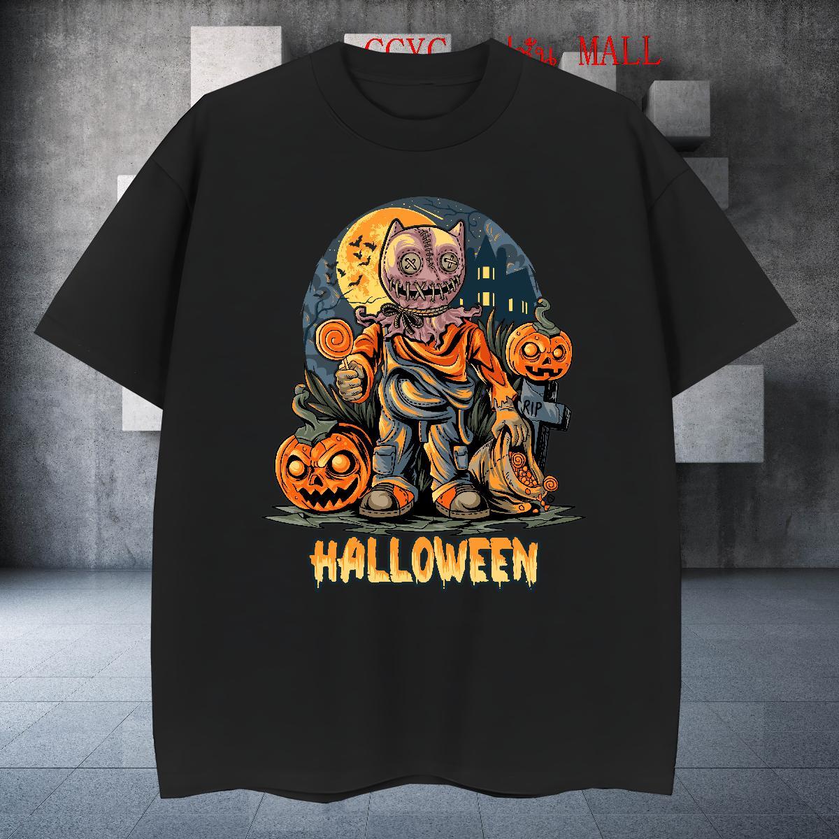 Fashion Men Tshirts halloween Hip Hop 100% Cotton 230g Tops Shirt Short Sleeve O-Neck TOP Quality Mens T Shirts Cartoon Print