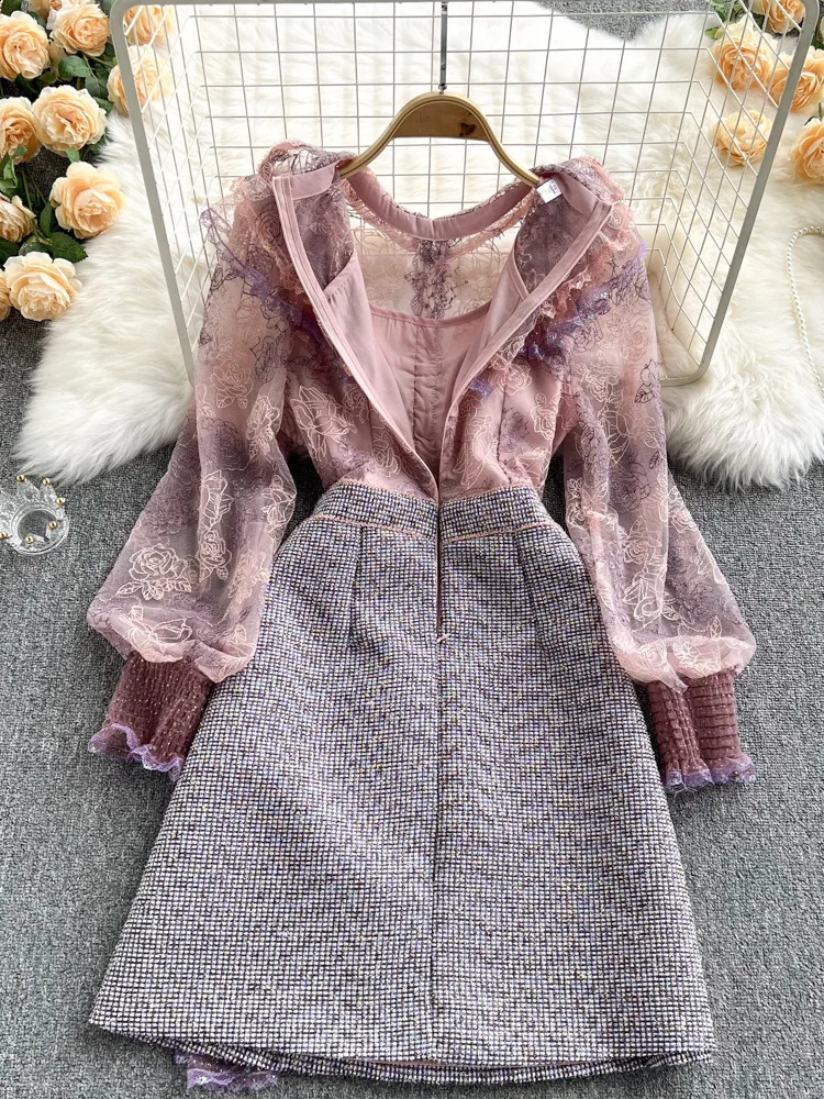 Autumn Sweet Pink Lace Mesh Embroidery Ruffles Patchwork Tweed dresses for Women elegant See Through Long Sleeve Party Vestidos 240824