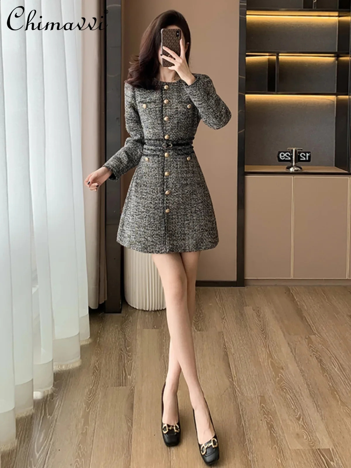 Gray Long-sleeved Dress Womens Spring and Autumn High-end Fashion Office Lady Elegant High Waist Slim-fit Short Tweed Dress 240824