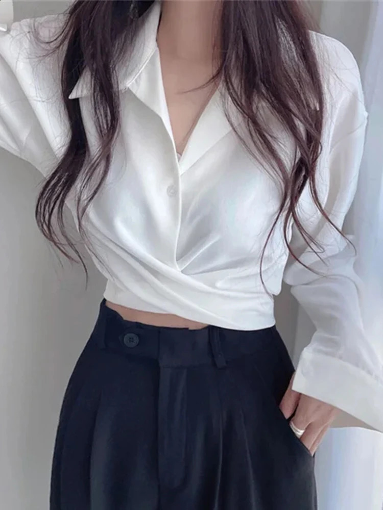 OIINAA Solid Shirts for Women Tops Vintage Long Sleeve Slim Chic Short Casual V-Neck Blouse Irregular Summer Fashion Korean Top 240823
