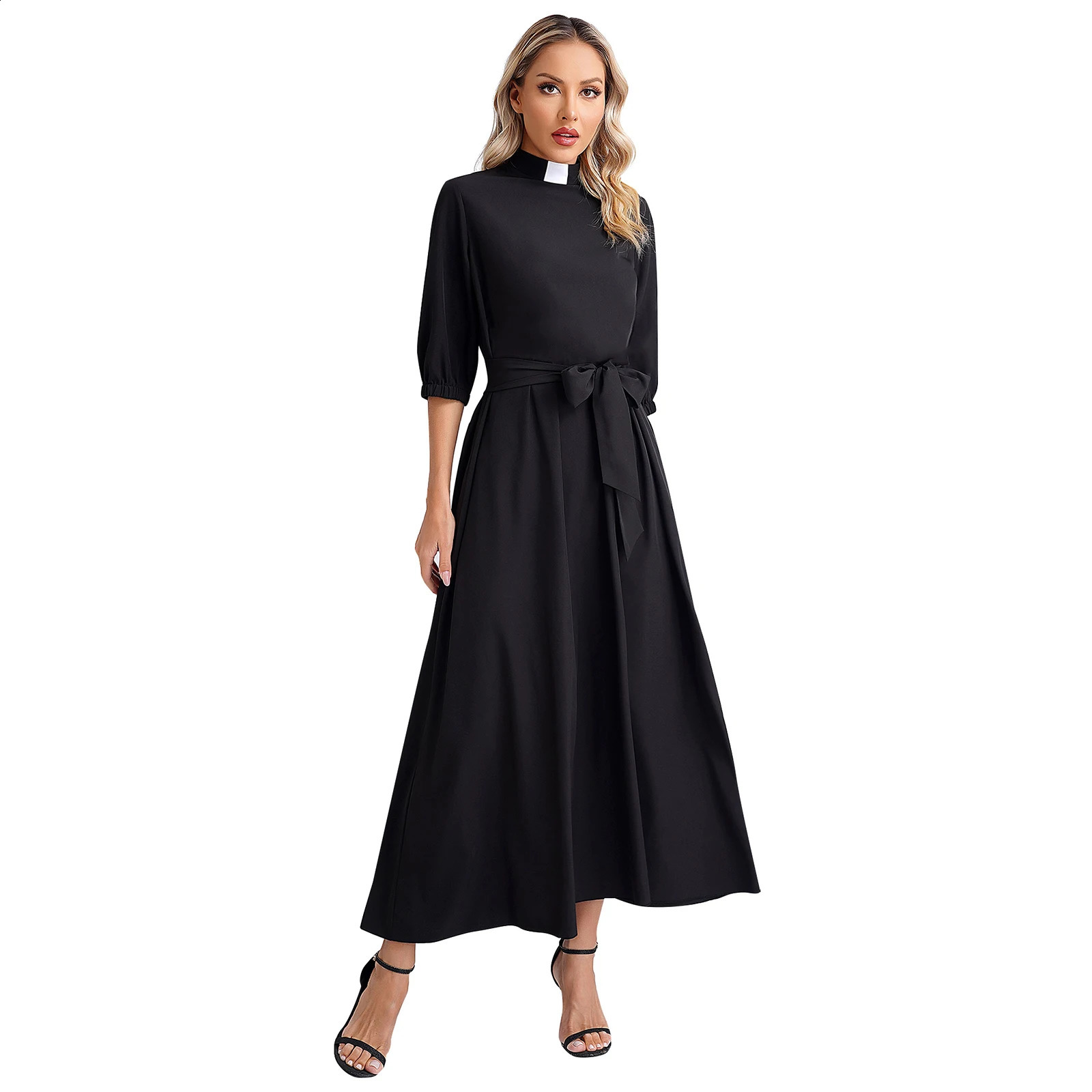 Womens Church Clergy Dress Minister Role Playing Theme Party Service Robe 34 Sleeves Swinging Long with Belt 240823
