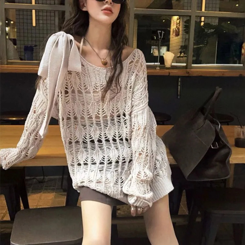 DeepTown Coquette Y2k Womens Sweater Hollow out Knitwear Spring Oversize Knit Off The Shoulder Pullovers Streetwear Vintage 240824