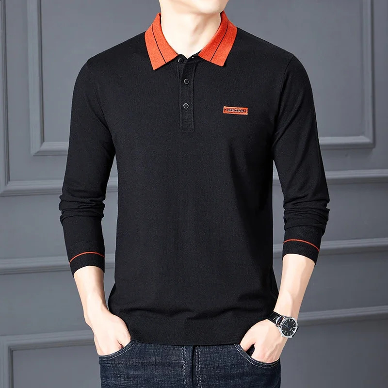 Spring and autumn retro contrast color lapel T-shirt mens business casual long-sleeved all-match polo shirt 240824