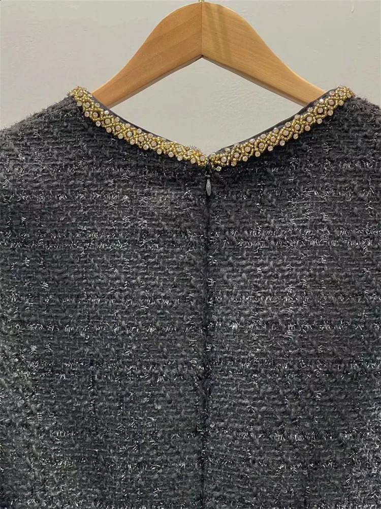 Pearl Buttons Ladies Slim Fit A-Line Short Robes Spring Womens Long Sleeve Square Collar Black Tweed Mini Dress 240824