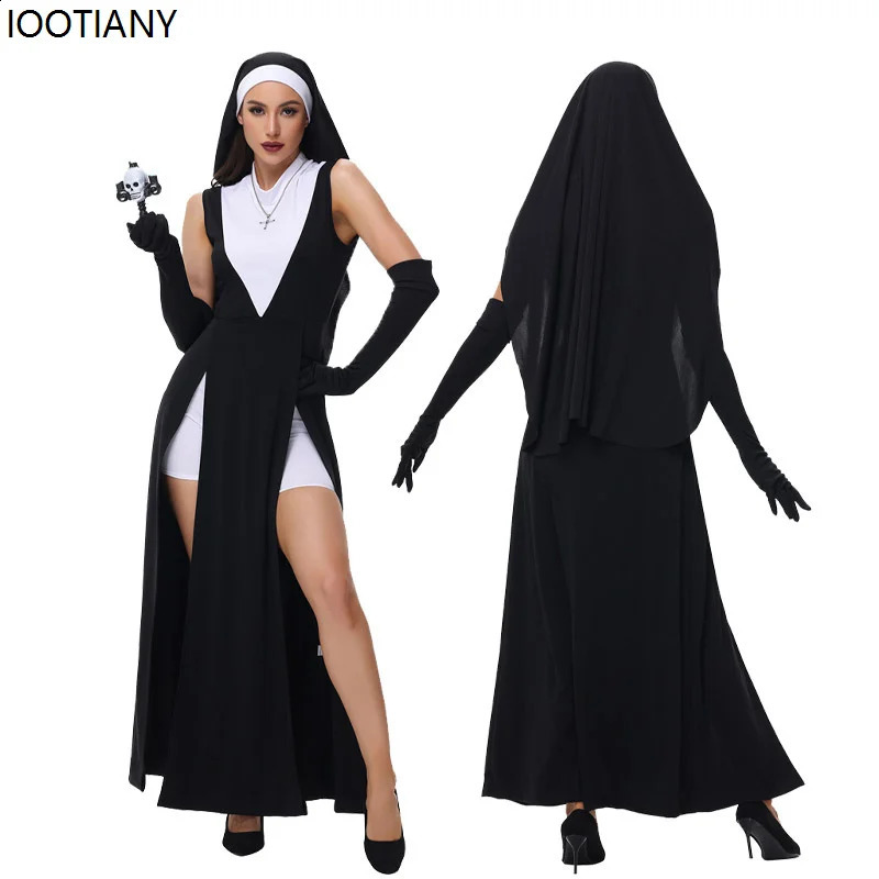 Womens sexy Nun roleplaying costumes and headwear Halloween adult stage display dress up theme party makeup fancy 240823