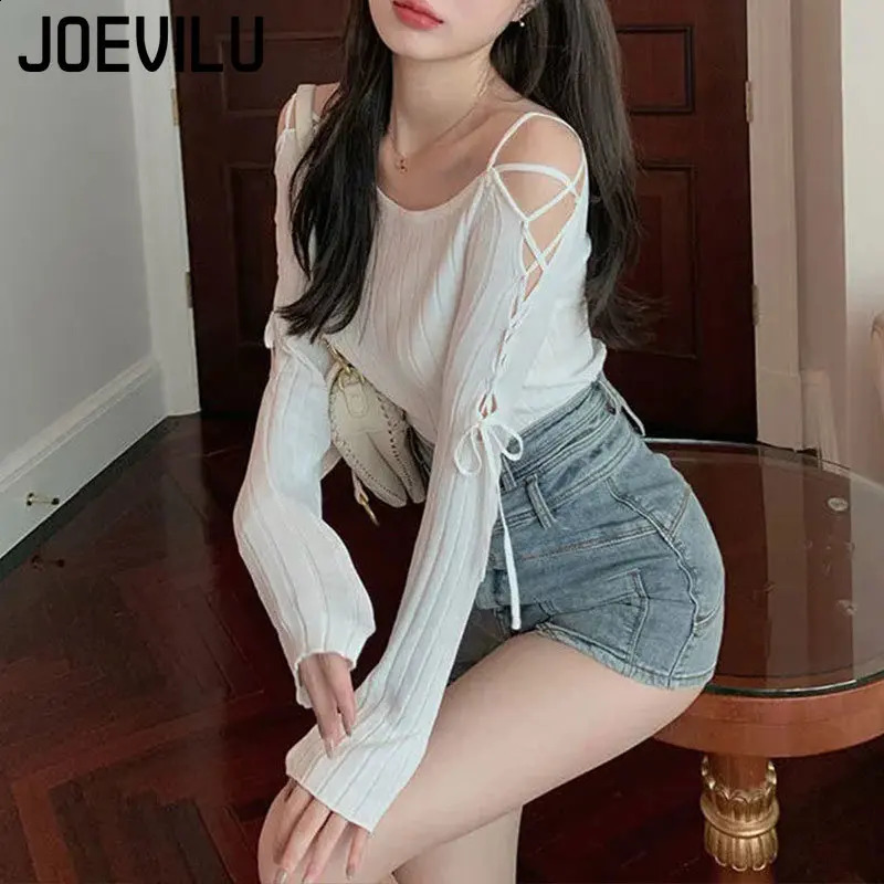 Bandage Long Sleeve Knitted Shirt Womens Off Shoulder Sexy Tops Slim Chic T-shirt Spring and Autumn Pullover Solid Y2k Sweater 240824