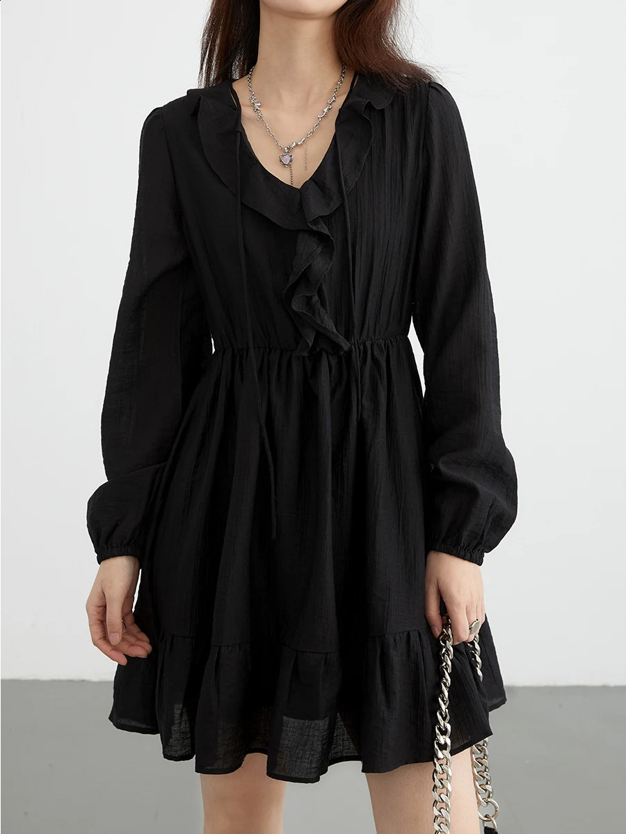 CHIC VEN Korean Women Dresses V-neck Loose Casual Ruffle Edge Mid Length A Line Female Pullover Dress Spring Autumn 240824