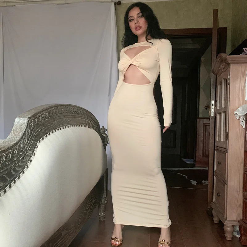 Womens autumn solid color round neck hollow sexy slim long sleeve dress 240823