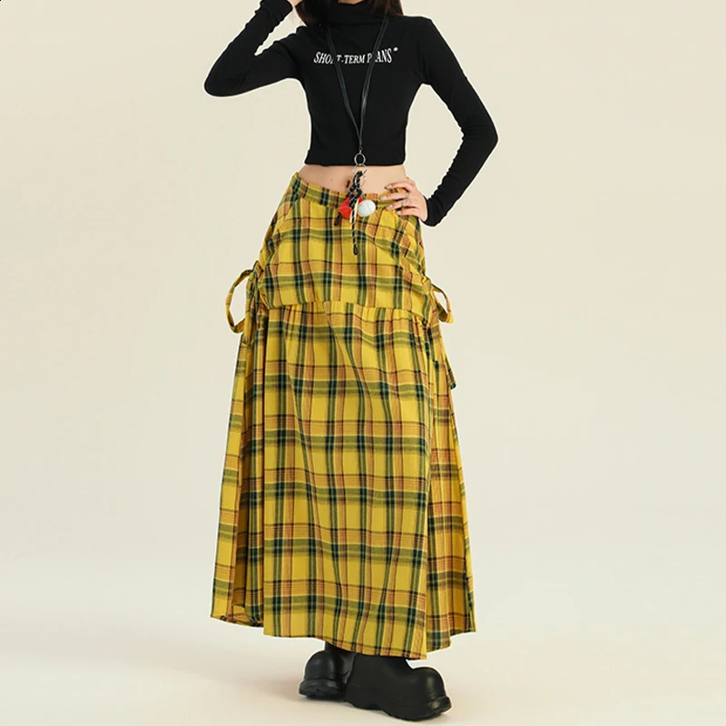 Womens Yellow Plaid A-line Skirt Vintage 90s Aesthetic Y2k Long Skirt Harajuku Korean Skirts 2000s Fashion Clothes Summer 240823