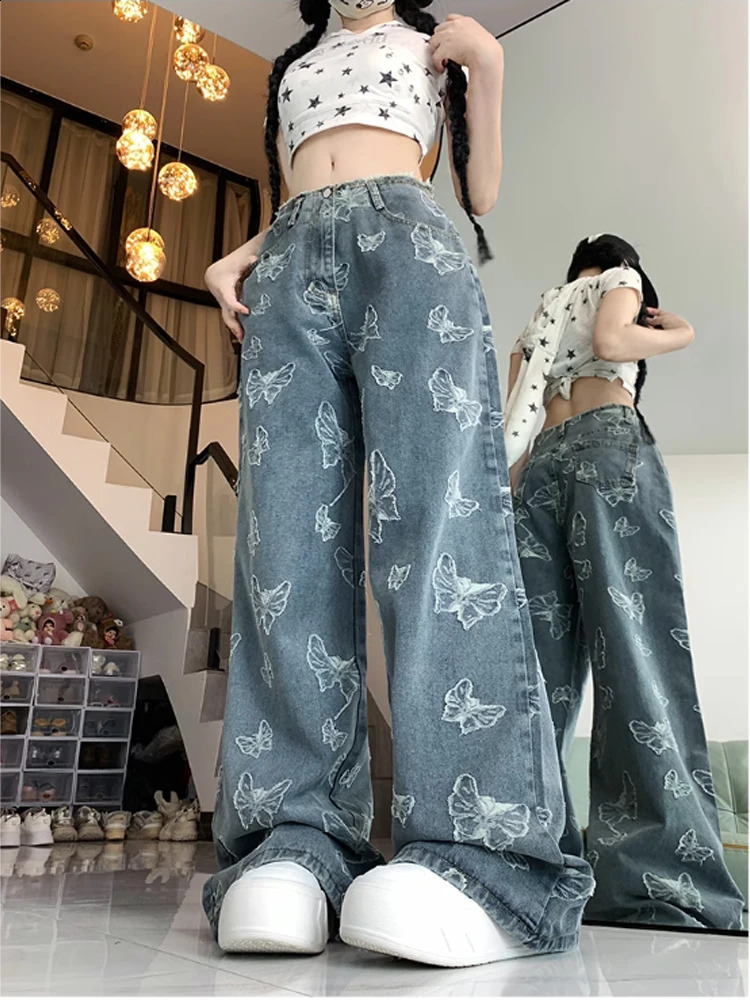 Womens Blue Jeans Harajuku Y2k 2000s 90s Fashion Street Clothing Pocket Denim Trouser Butterfly Retro Garbage 240823