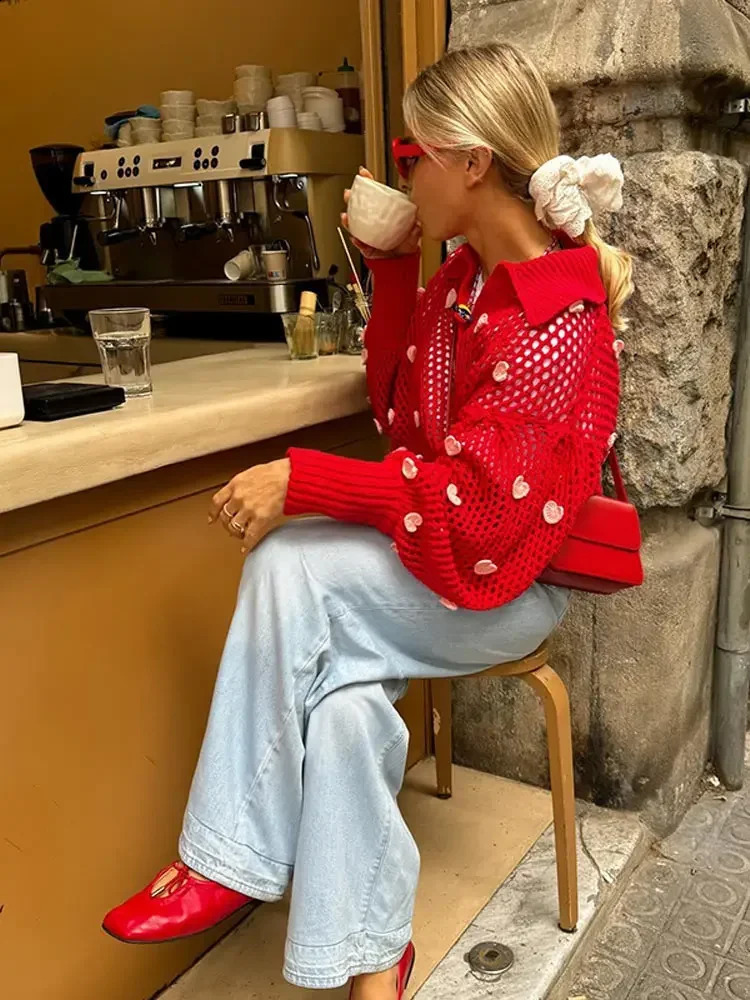 Hearts Red Print Hollow Out Knit Sweater Women Chic Lapel Lantern Sleeves Pullover Autumn Female High Street Thin Knitwear 240824