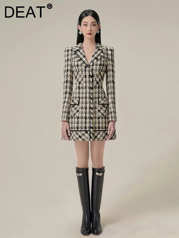 DEAT Womens Fashion Tweed Suit Dress Notched Collar Long Sleeve Single Breasted Plaid Elegant Coat Autumn 13DB1384 240824