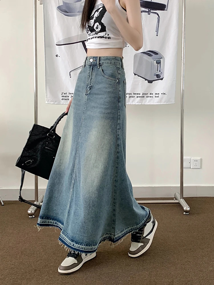 REDDACHiC Y2k Raw Edge Stitch Maxi Denim Skirt Plain Casual High Waist Long Jeans Skirt Korean Dongdaemun Retro Women Streetwear 240823