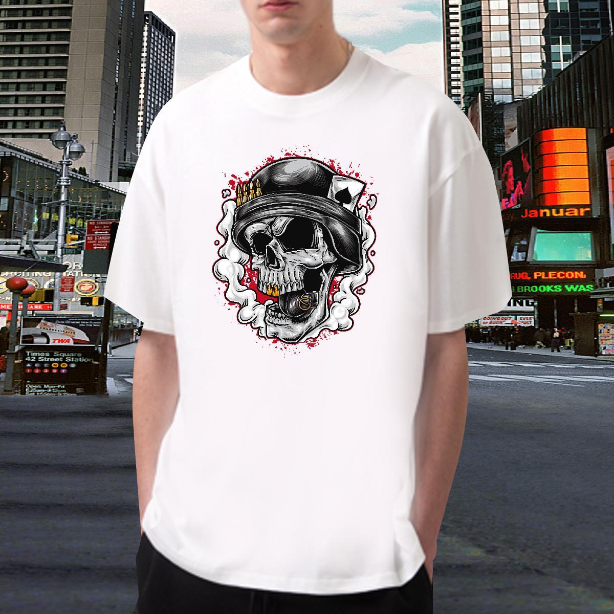 Popular T-Shirts for Men 230g Pure Cotton skull Hip Hop Custom Print Oversized Crew Neck Couples T Shirts 2024 Summer Tops Tees