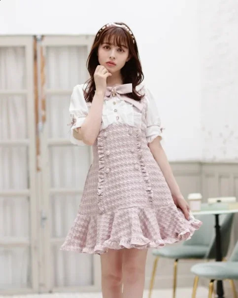 Liz Japanese Mine Mass-Produced Sweet Double-breasted Dress Classic Style Bow Grid Slim Long Sleeve Tweed Dress for Women 240824