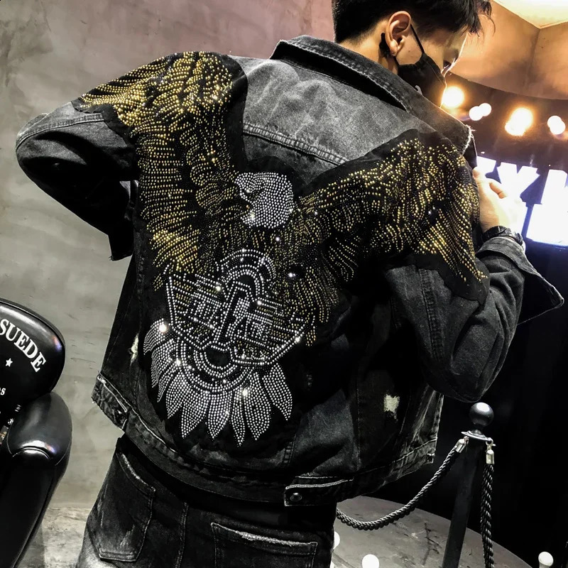 YASUGUOJI Punk Style Fashion Eagle Embroidered Patch Jean Jacket Men Denim Jackets Streetwear Slim Black Jacket Men 240824