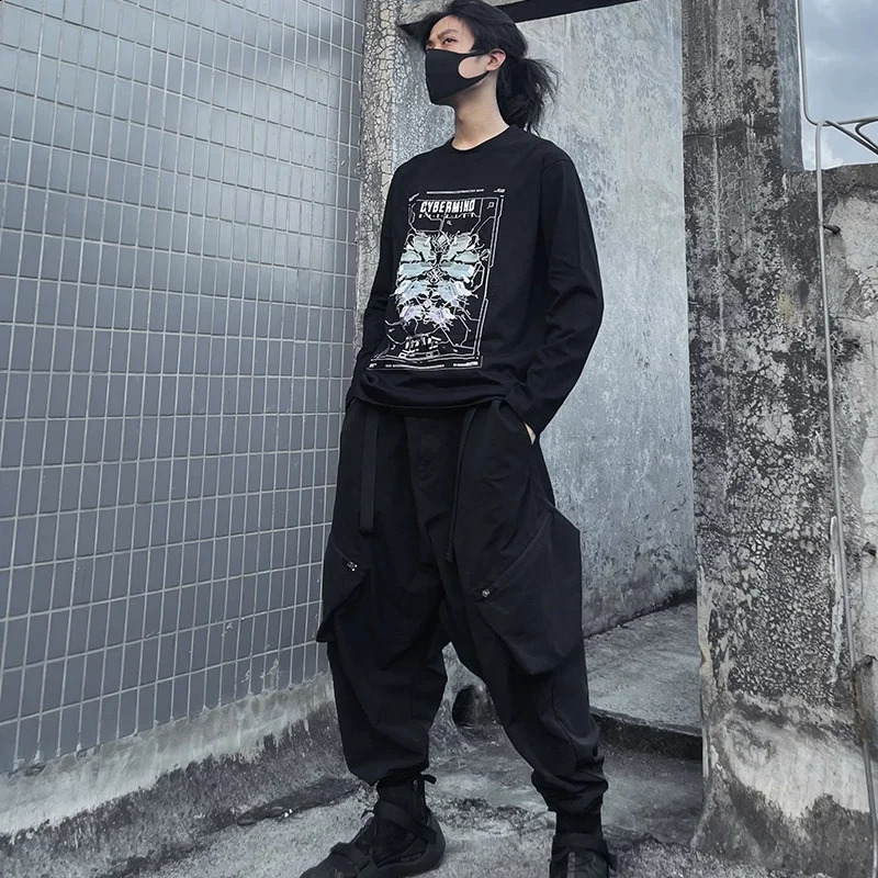 SpringAutumn Mens Punk Style Techwear Tshirt Y2K Technology Geometric Printed Long Sleeve Top Camisetas 240823