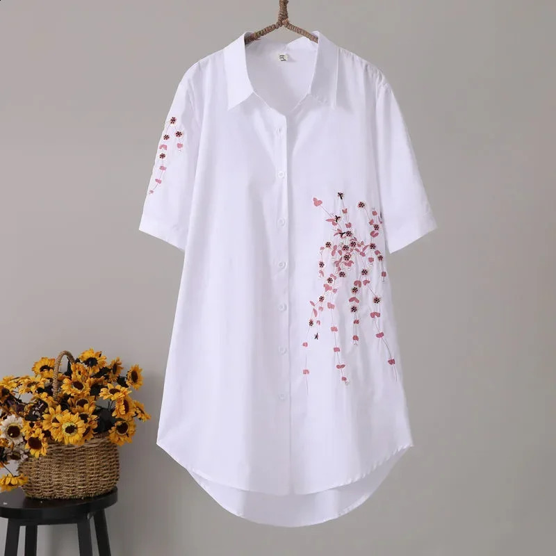 Feather Embroidery Long Blouse Women Short Sleeve Art Loose Blue Blouses and Tops Button Down Shirts 240823