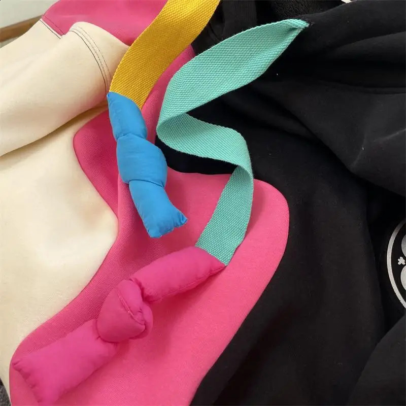 Fashion Color Patchwork College Style Womens Casual Versatile Hoodie Autumn Winter Thickened Lady Long Sleeved Hood Top 240824