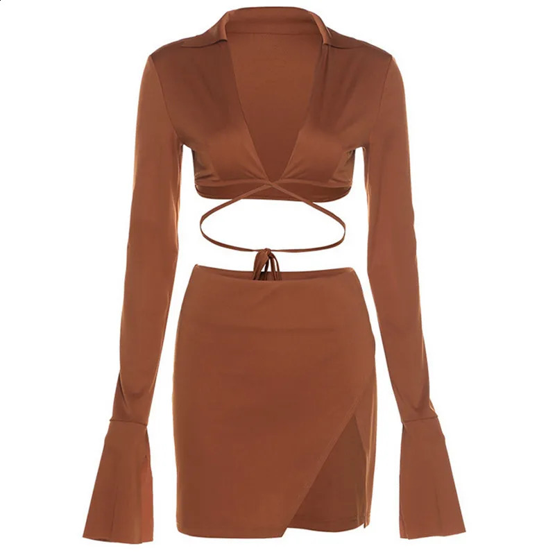 WPNAKS Women 2 Piece Skirts Sets Autumn Clothes Solid Color Long Sleeve Lapel Crop Tops and Mini Skirt Set Sexy Club 240823
