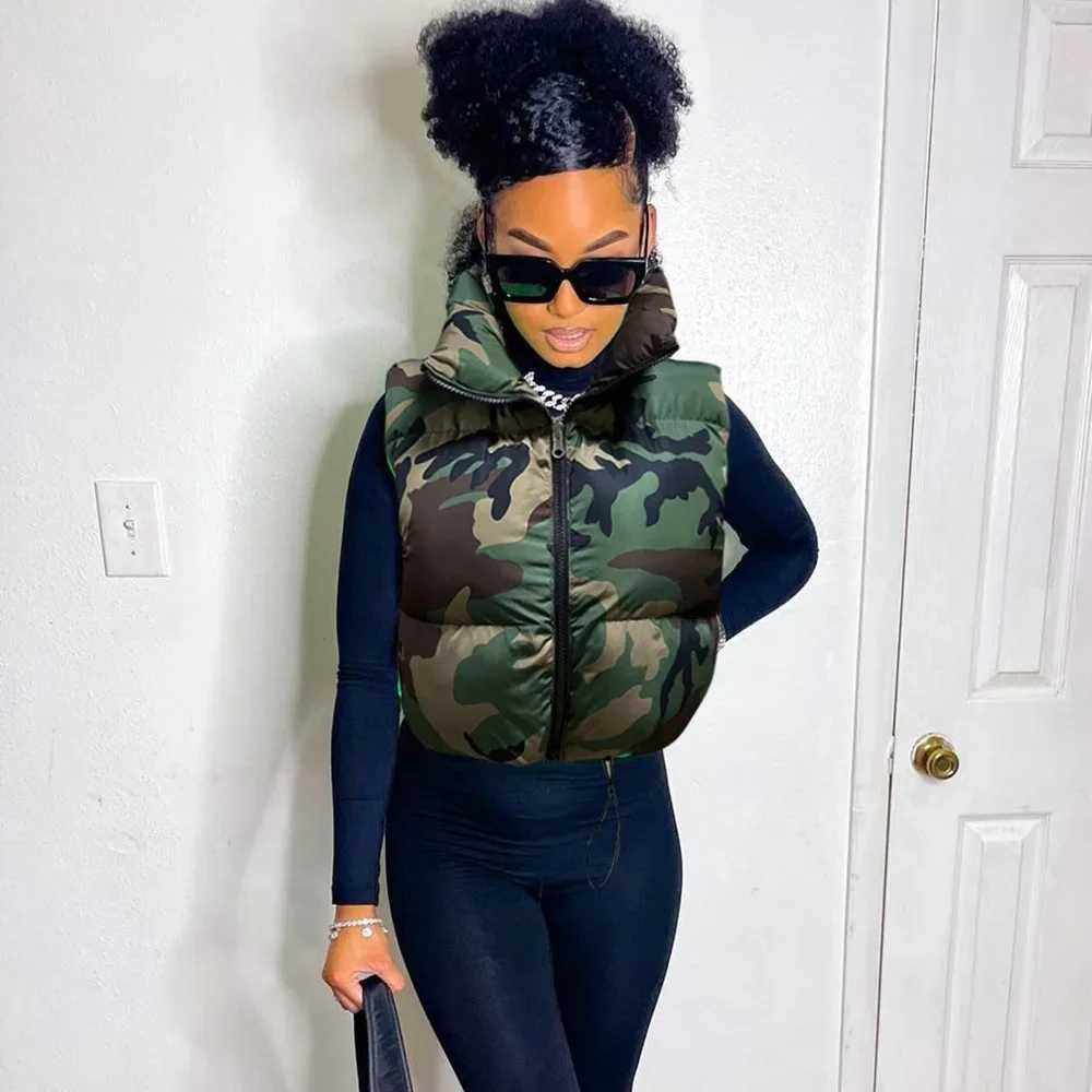 Women's Down Parkas Women Camouflage Puffer Jackets Vest Slveless Camo Bubble Coats Parkas Down High Waist Drawstring Vests Cotton Cropped Parka 