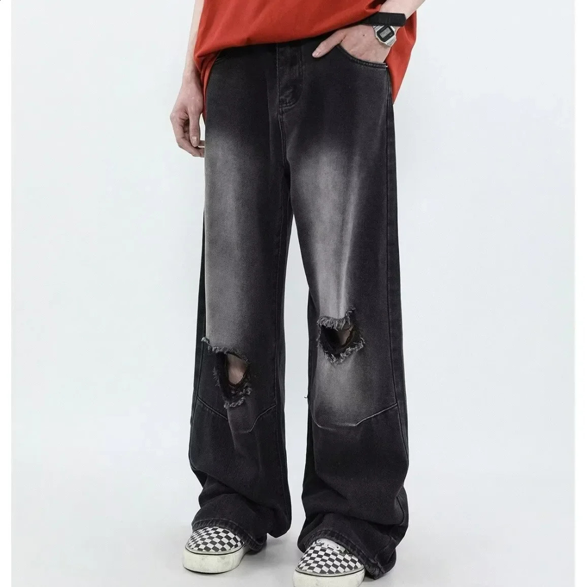 American style retro straight leg jeans Distressed Washing casual loose mens street fashion jeans 240823