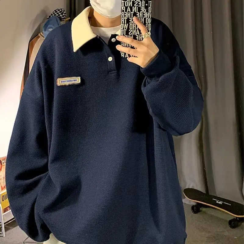 Autumn sweatshirt mens lapel long-sleeved POLO shirt trend ins American retro mens and womens same style couple jacket 240824