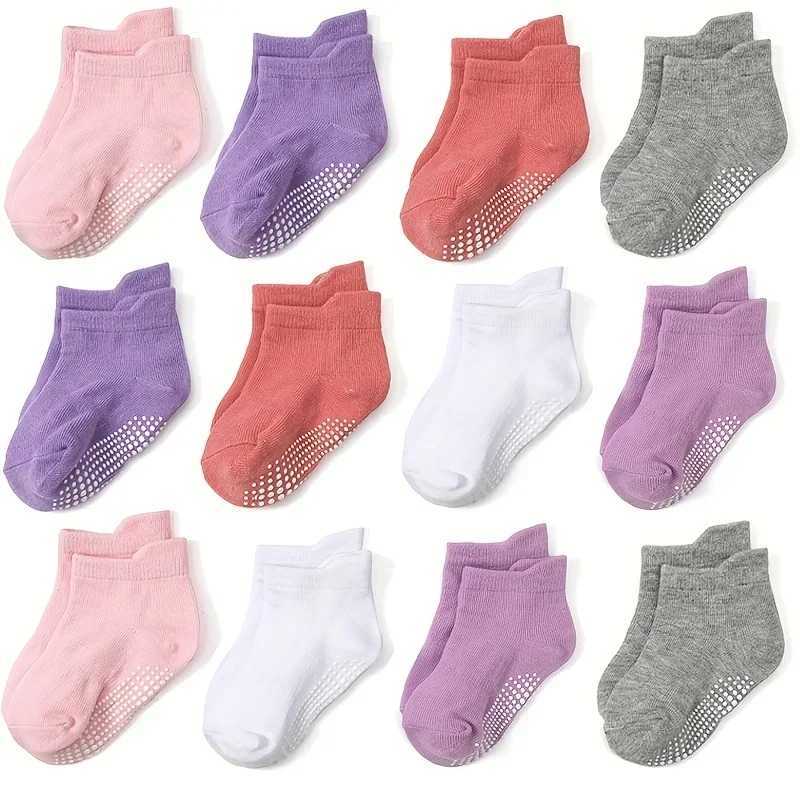 6 or 12 Pairs 0-5 Years Old Non-Slip Kids Socks with Grip Little Girls Boys Ankle Socks Infants Toddlers Children Floor Socks CL240824