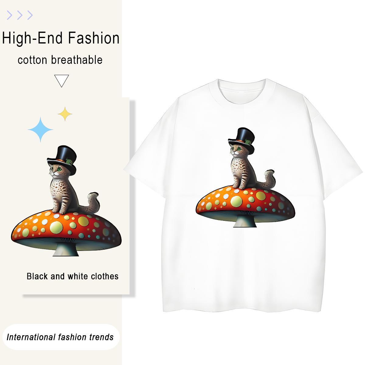 Classic Casual Mens Tshirts cat Summer Casual 230g 100% Cotton Top Tees Crew Neck Cool Design T shirt DIY Anime