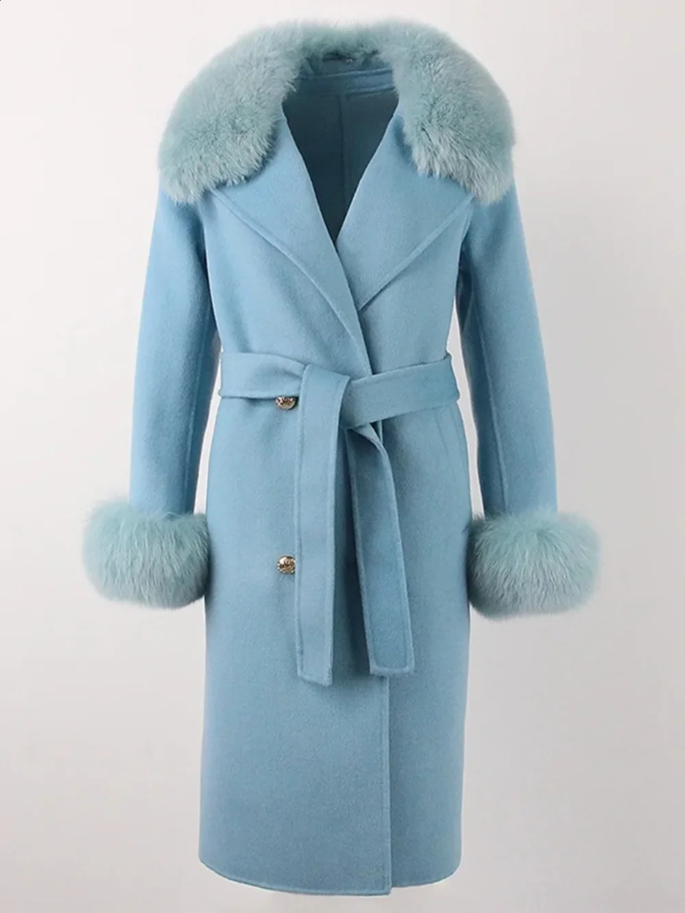 Real Fur Coat Long 2024 Winter Jacket Womens Natural Wool Blended Cashmere Double Chest Strap Warm Streetwear Fashion 240824