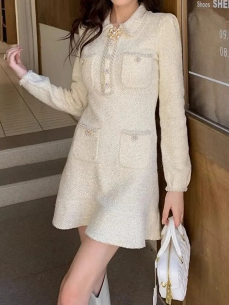 UCXQ Elegant Short Dress European Style Tweed Lapel Beading Button Long Sleeve Fashion Dresses For Women Spring Summer 9896 240824
