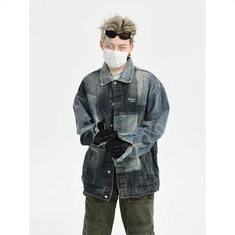 Patch work denim jacket mens high street letter embroidery university retro patch college loose autumn 240824